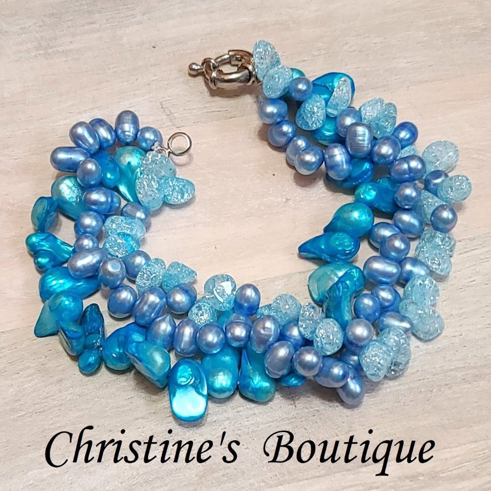 Blister Pearl and Dyed Shell 3-Row Bracelet